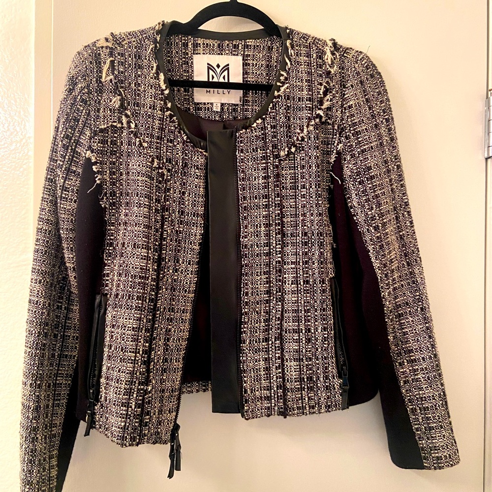Black & White Tweed with leather Milly blazer size  4
